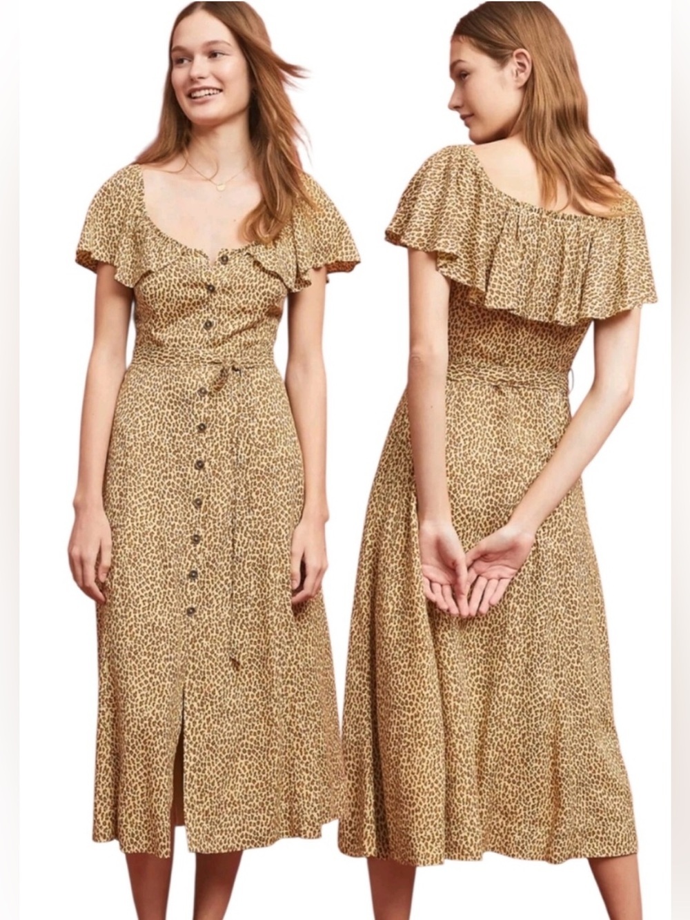 Anthropologie Tan Leopard-Print Button-Front Midi Dress Size 6 Rayon
